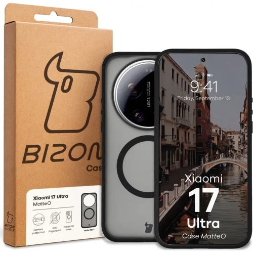 Etui z pierścieniem magnetycznym Bizon Case MatteO do Xiaomi 17 Ultra przydymione-czarne