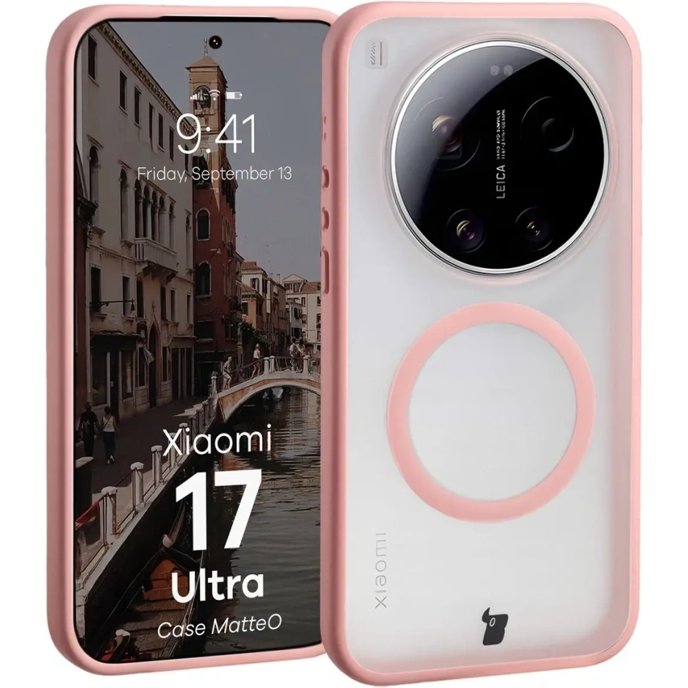 Etui z pierścieniem magnetycznym Bizon Case MatteO do Xiaomi 17 Ultra przydymione-jasnoróżowe