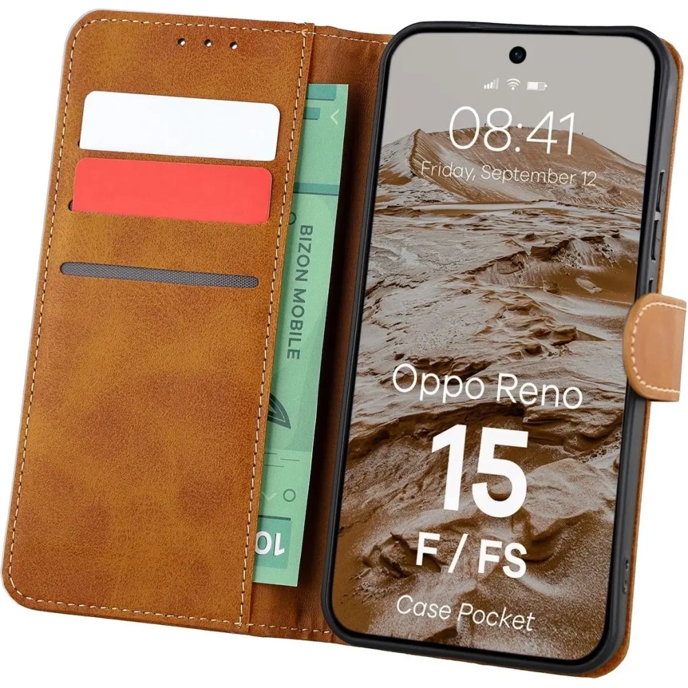 Etui z klapką Bizon Case Pocket do Oppo Reno 15 F / FS brązowe