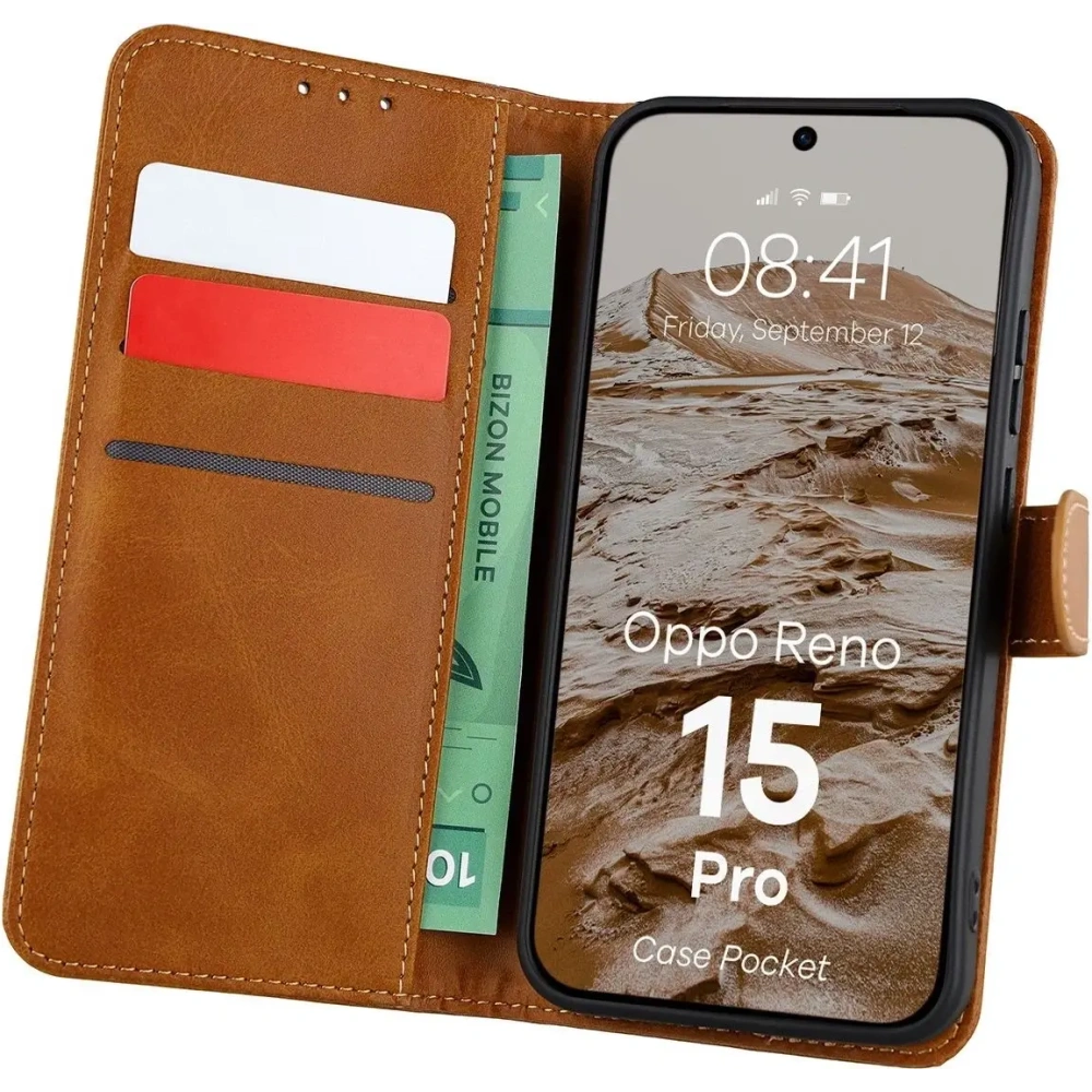 Etui z klapką Bizon Case Pocket do Oppo Reno 15 Pro brązowe