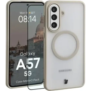 Etui z pierścieniem magnetycznym + szkło hartowane Bizon MatteO Pack do Samsung Galaxy A57 5G przydymione-beżowe