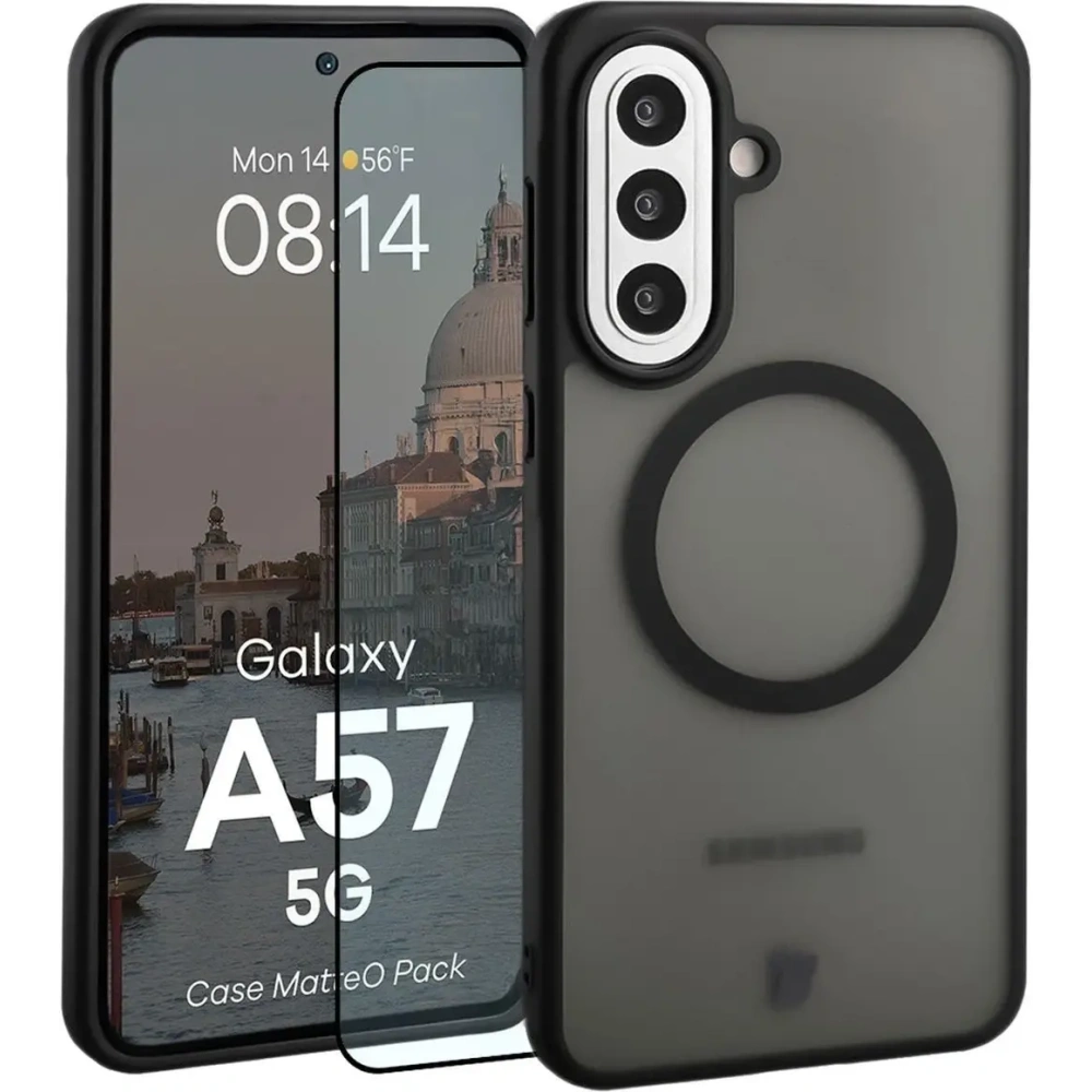 Etui z pierścieniem magnetycznym + szkło hartowane Bizon MatteO Pack do Samsung Galaxy A57 5G przydymione-czarne
