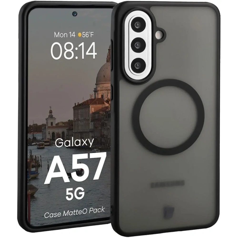 Etui z pierścieniem magnetycznym + szkło hartowane Bizon MatteO Pack do Samsung Galaxy A57 5G przydymione-czarne
