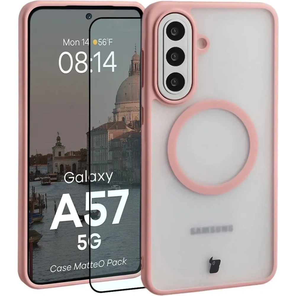 Etui z pierścieniem magnetycznym + szkło hartowane Bizon MatteO Pack do Samsung Galaxy A57 5G przydymione-jasnoróżowe