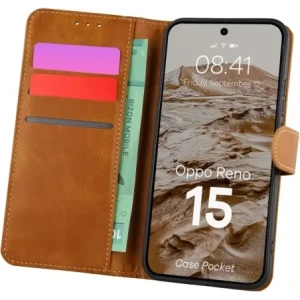 Etui z klapką Bizon Case Pocket do Oppo Reno 15 brązowe