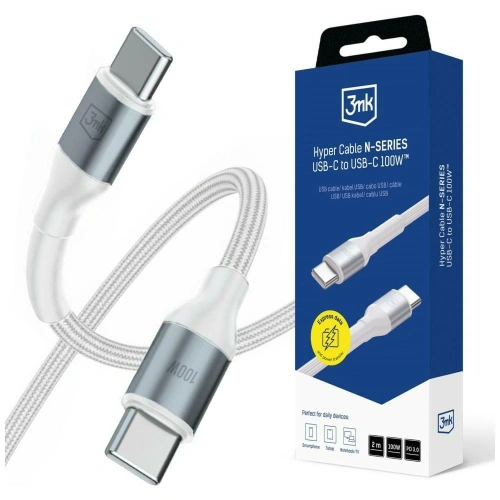 Kabel 3MK Hyper Cable N-SERIES USB-C / USB-C 2m PD 3.0 QC 3.0 20V / 5A 100W Biały