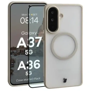 Etui z pierścieniem magnetycznym + szkło hartowane Bizon MatteO Pack do Samsung Galaxy A37 5G / A36 5G, przydymione-beżowe