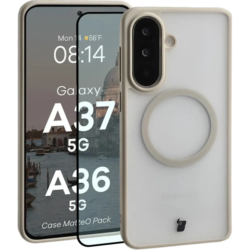 Etui z pierścieniem magnetycznym + szkło hartowane Bizon MatteO Pack do Samsung Galaxy A37 5G / A36 5G, przydymione-beżowe