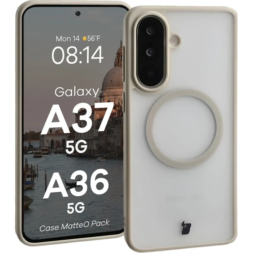 Etui z pierścieniem magnetycznym + szkło hartowane Bizon MatteO Pack do Samsung Galaxy A37 5G / A36 5G, przydymione-beżowe