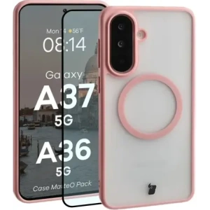 Etui z pierścieniem magnetycznym + szkło hartowane Bizon MatteO Pack do Samsung Galaxy A37 5G / A36 5G, przydymione-jasnoróżowe