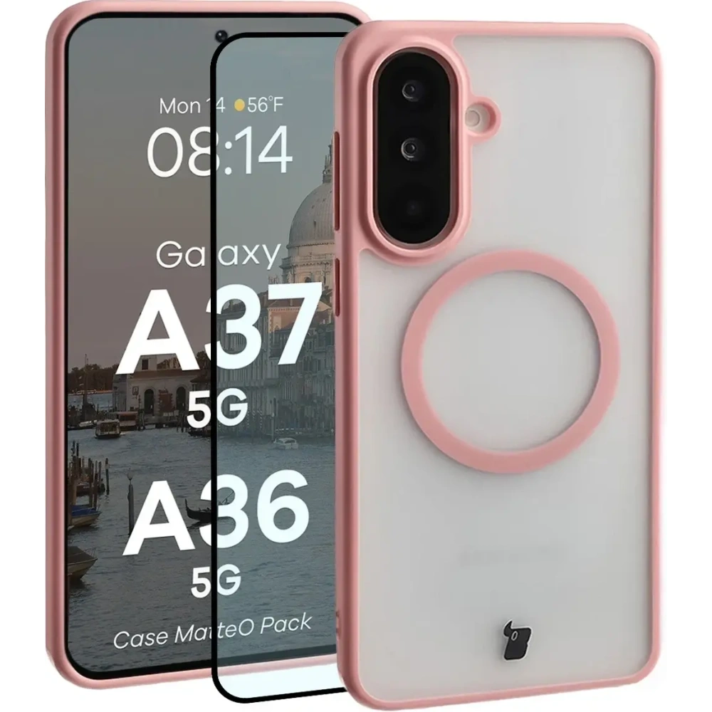 Etui z pierścieniem magnetycznym + szkło hartowane Bizon MatteO Pack do Samsung Galaxy A37 5G / A36 5G, przydymione-jasnoróżowe