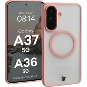 Etui z pierścieniem magnetycznym + szkło hartowane Bizon MatteO Pack do Samsung Galaxy A37 5G / A36 5G, przydymione-jasnoróżowe