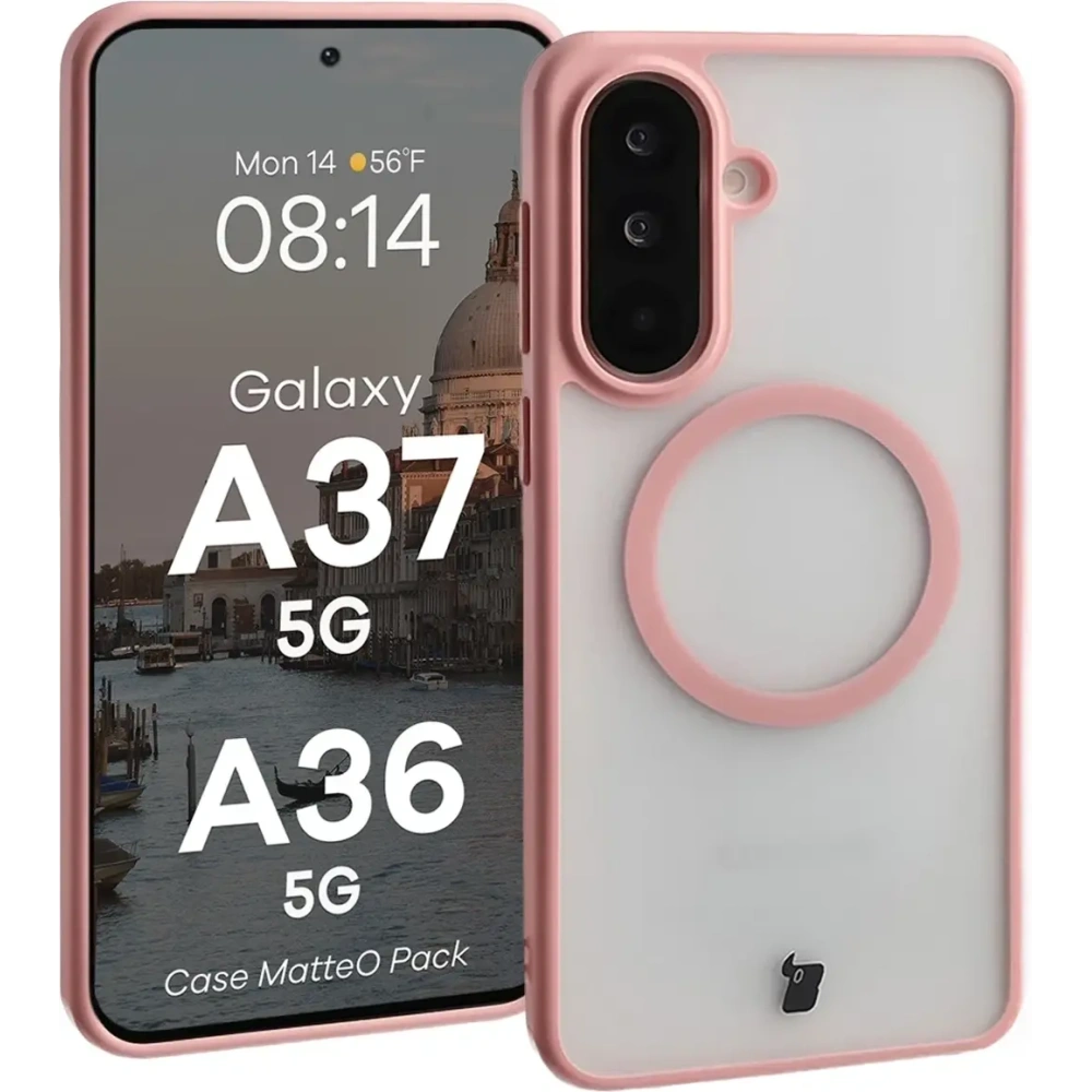 Etui z pierścieniem magnetycznym + szkło hartowane Bizon MatteO Pack do Samsung Galaxy A37 5G / A36 5G, przydymione-jasnoróżowe