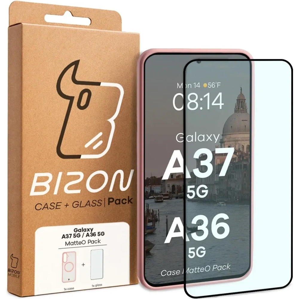 Etui z pierścieniem magnetycznym + szkło hartowane Bizon MatteO Pack do Samsung Galaxy A37 5G / A36 5G, przydymione-jasnoróżowe