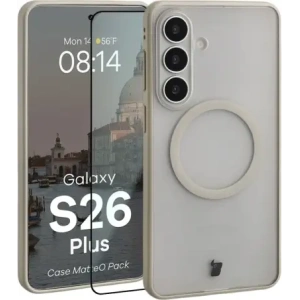 Etui z pierścieniem magnetycznym + szkło hartowane Bizon MatteO Pack do Samsung Galaxy S26+ Plus, przydymione-beżowe