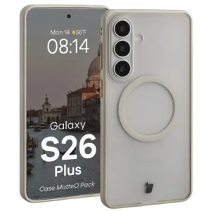 Etui z pierścieniem magnetycznym + szkło hartowane Bizon MatteO Pack do Samsung Galaxy S26+ Plus, przydymione-beżowe