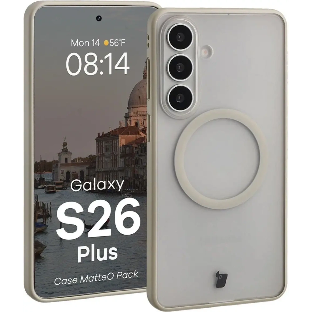 Etui z pierścieniem magnetycznym + szkło hartowane Bizon MatteO Pack do Samsung Galaxy S26+ Plus, przydymione-beżowe