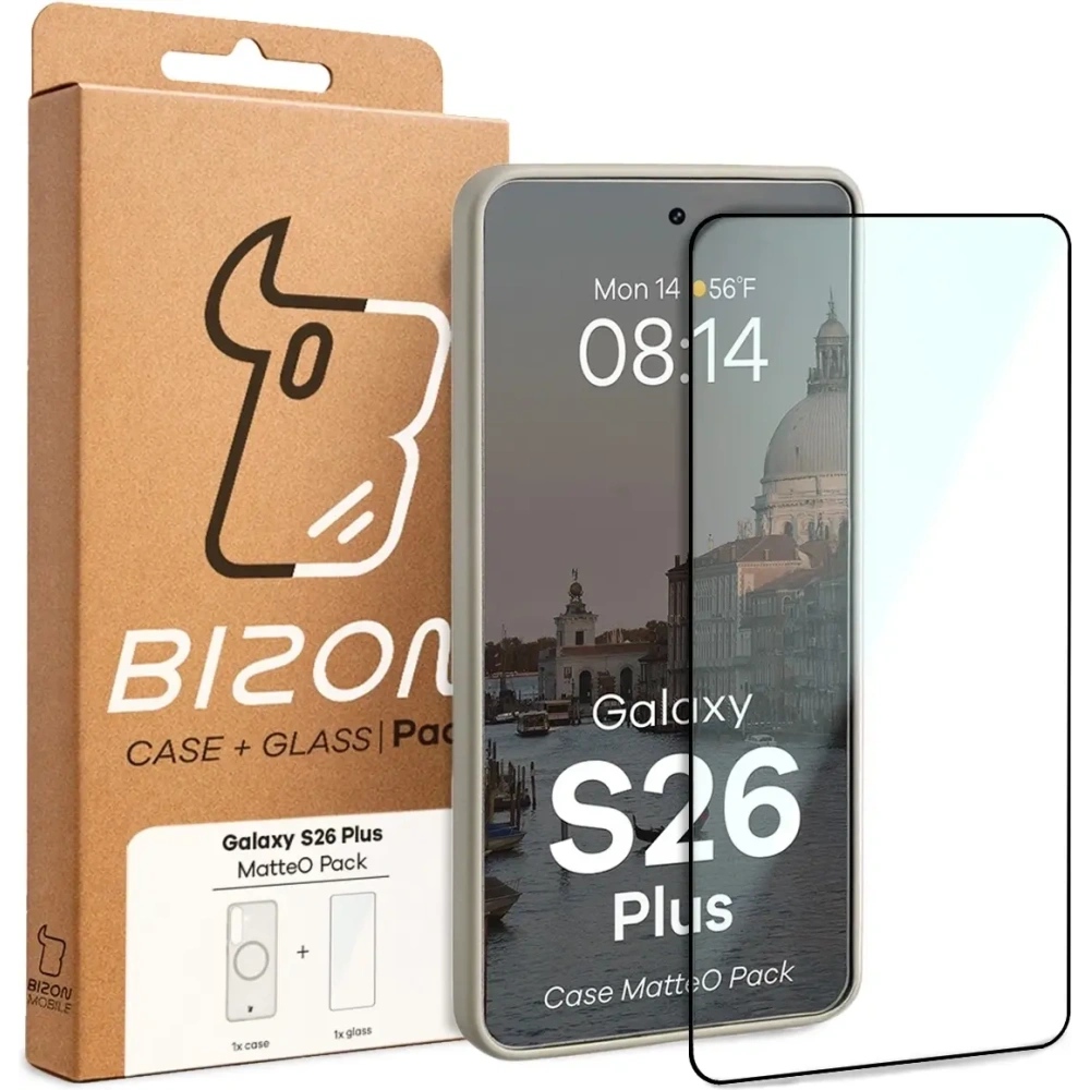 Etui z pierścieniem magnetycznym + szkło hartowane Bizon MatteO Pack do Samsung Galaxy S26+ Plus, przydymione-beżowe