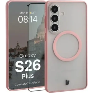 Etui z pierścieniem magnetycznym + szkło hartowane Bizon MatteO Pack do Samsung Galaxy S26+ Plus, przydymione-jasnoróżowe