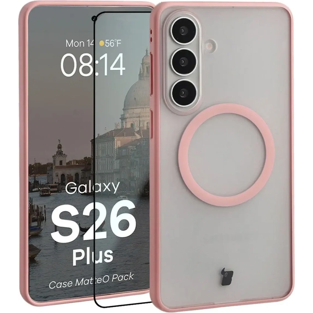 Etui z pierścieniem magnetycznym + szkło hartowane Bizon MatteO Pack do Samsung Galaxy S26+ Plus, przydymione-jasnoróżowe