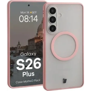 Etui z pierścieniem magnetycznym + szkło hartowane Bizon MatteO Pack do Samsung Galaxy S26+ Plus, przydymione-jasnoróżowe