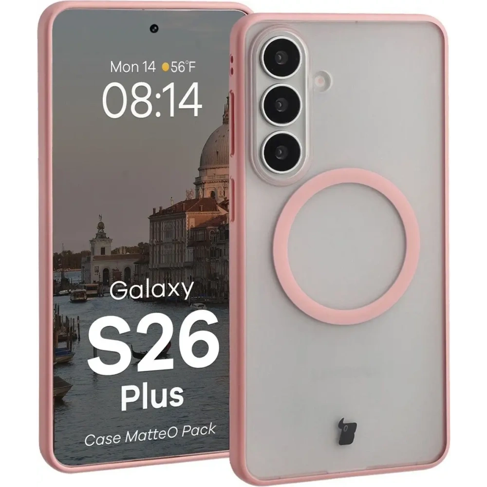 Etui z pierścieniem magnetycznym + szkło hartowane Bizon MatteO Pack do Samsung Galaxy S26+ Plus, przydymione-jasnoróżowe