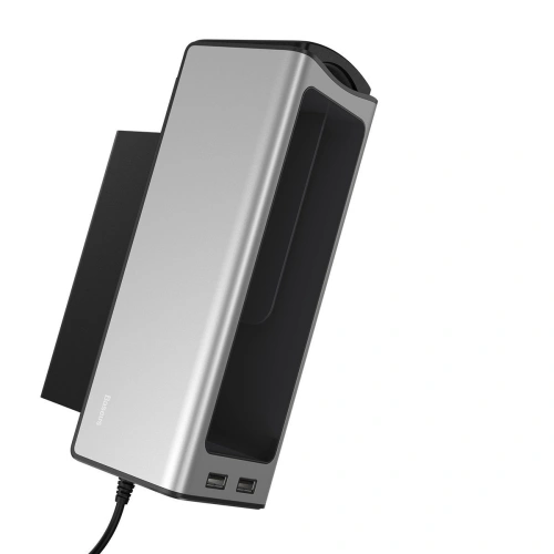 Baseus Deluxe Metalowy organizer samochodowy z uchwytem na kubek, 2x ładowanie USB (srebrny)