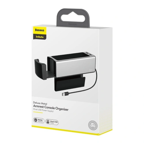 Baseus Deluxe Metalowy organizer samochodowy z uchwytem na kubek, 2x ładowanie USB (srebrny)