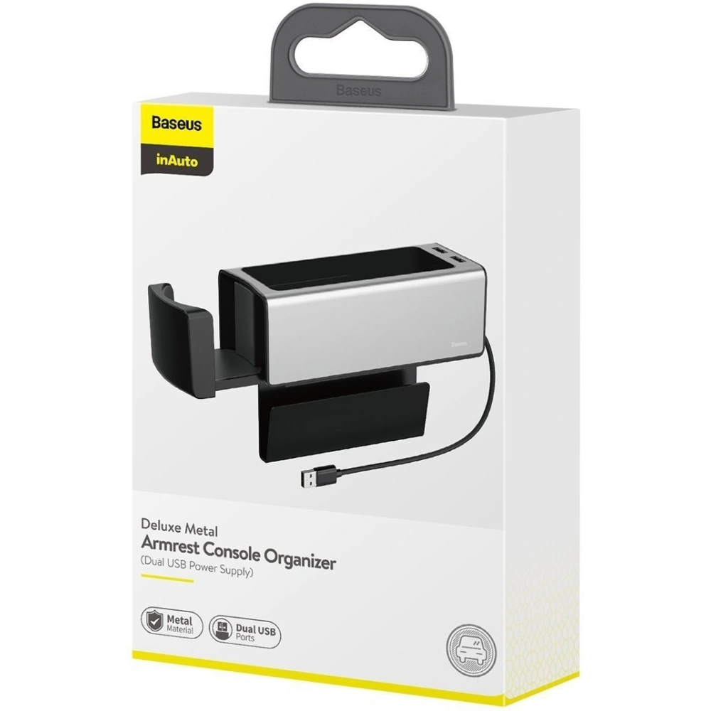 Hurtownia GSM - Baseus Deluxe kovový automobilový organizér s držákem na hrnek, 2x USB nabíjení (stříbrný) - BSU1706SLV - {ean13} - Hurt