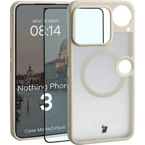 Etui z pierścieniem magnetycznym + szkło hartowane Bizon MatteO Pack do Nothing Phone (3), przydymione-beżowe