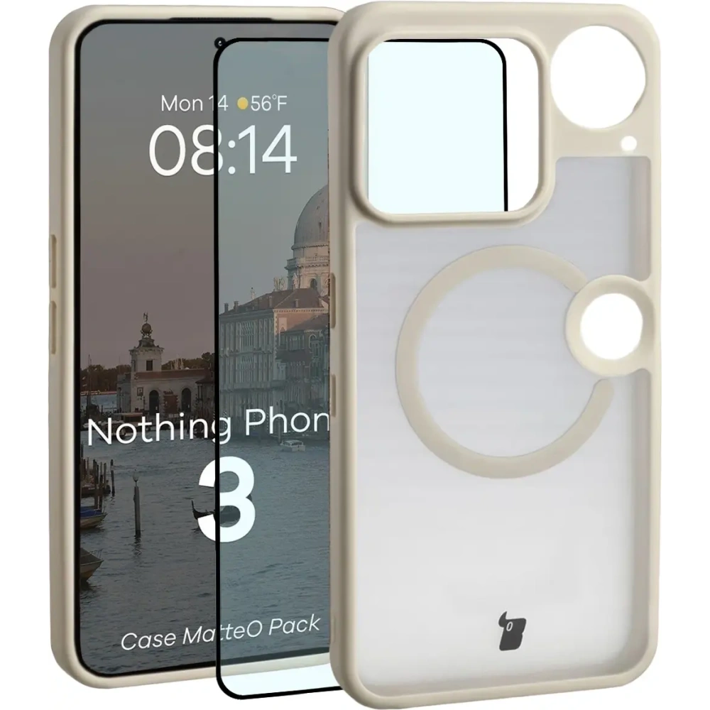 Etui z pierścieniem magnetycznym + szkło hartowane Bizon MatteO Pack do Nothing Phone (3), przydymione-beżowe