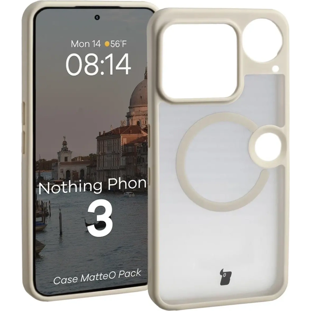 Etui z pierścieniem magnetycznym + szkło hartowane Bizon MatteO Pack do Nothing Phone (3), przydymione-beżowe