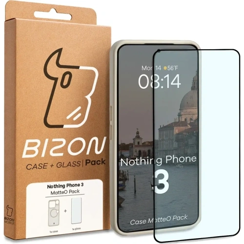 Etui z pierścieniem magnetycznym + szkło hartowane Bizon MatteO Pack do Nothing Phone (3), przydymione-beżowe