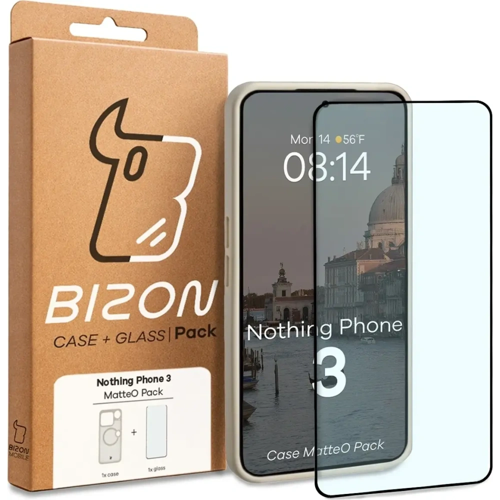 Etui z pierścieniem magnetycznym + szkło hartowane Bizon MatteO Pack do Nothing Phone (3), przydymione-beżowe