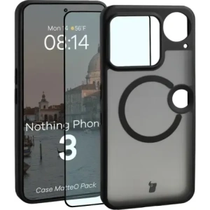 Etui z pierścieniem magnetycznym + szkło hartowane Bizon MatteO Pack do Nothing Phone (3), przydymione-czarne