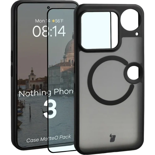 Etui z pierścieniem magnetycznym + szkło hartowane Bizon MatteO Pack do Nothing Phone (3), przydymione-czarne