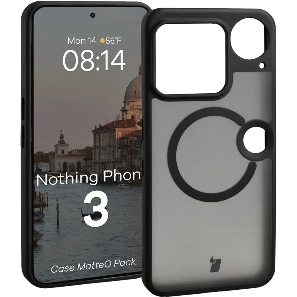 Etui z pierścieniem magnetycznym + szkło hartowane Bizon MatteO Pack do Nothing Phone (3), przydymione-czarne
