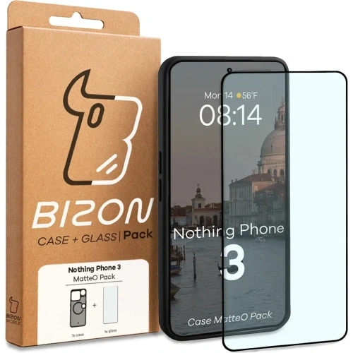 Etui z pierścieniem magnetycznym + szkło hartowane Bizon MatteO Pack do Nothing Phone (3), przydymione-czarne