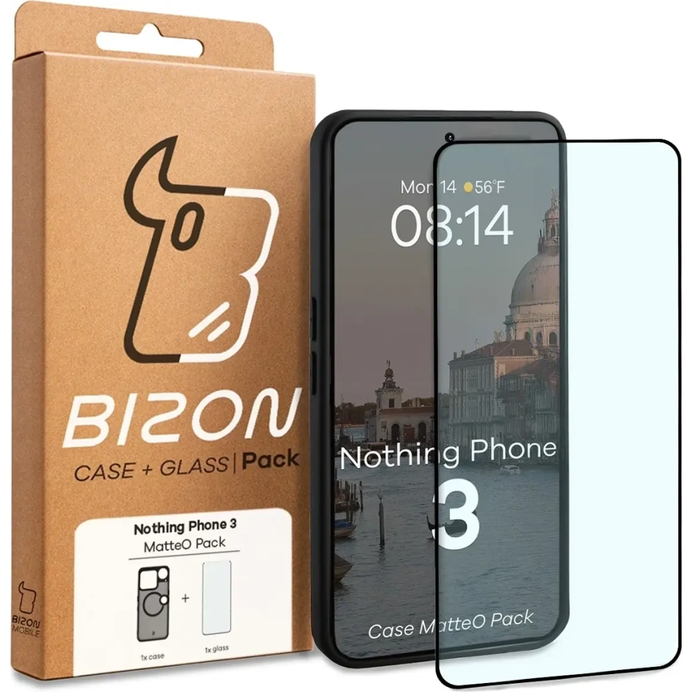 Etui z pierścieniem magnetycznym + szkło hartowane Bizon MatteO Pack do Nothing Phone (3), przydymione-czarne