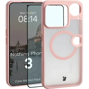 Etui z pierścieniem magnetycznym + szkło hartowane Bizon MatteO Pack do Nothing Phone (3), przydymione-jasnoróżowe