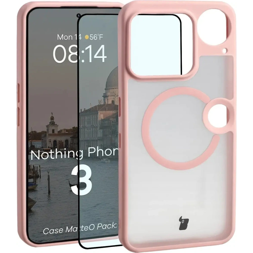 Etui z pierścieniem magnetycznym + szkło hartowane Bizon MatteO Pack do Nothing Phone (3), przydymione-jasnoróżowe