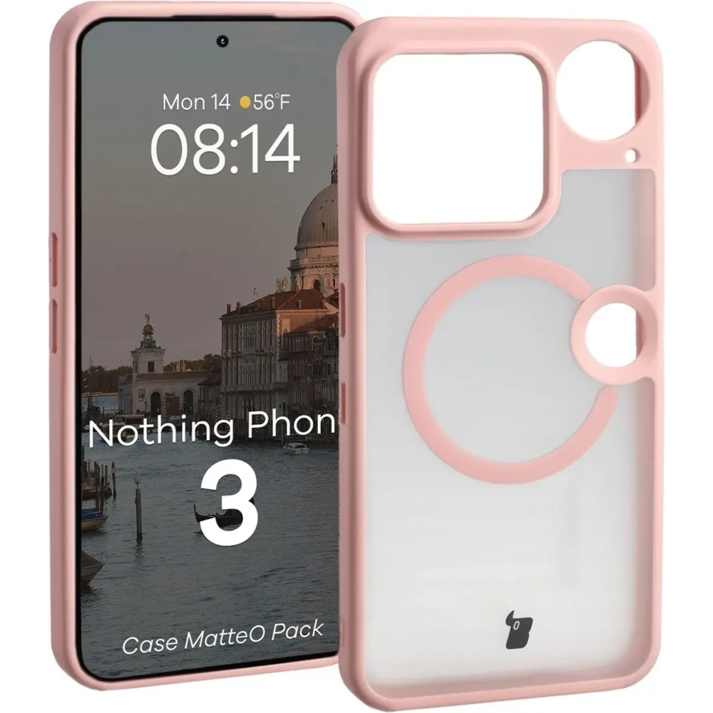 Etui z pierścieniem magnetycznym + szkło hartowane Bizon MatteO Pack do Nothing Phone (3), przydymione-jasnoróżowe