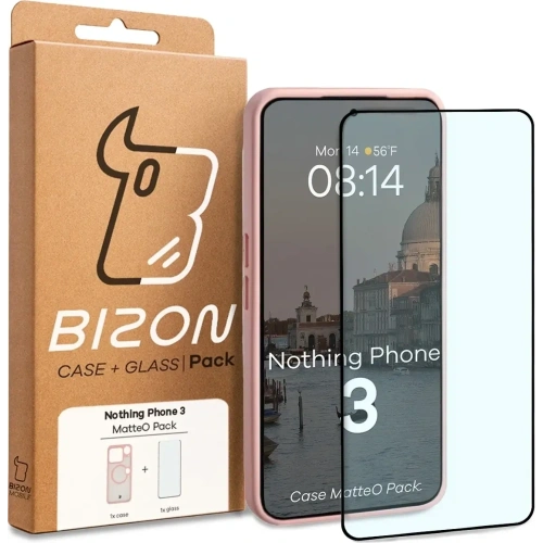 Etui z pierścieniem magnetycznym + szkło hartowane Bizon MatteO Pack do Nothing Phone (3), przydymione-jasnoróżowe
