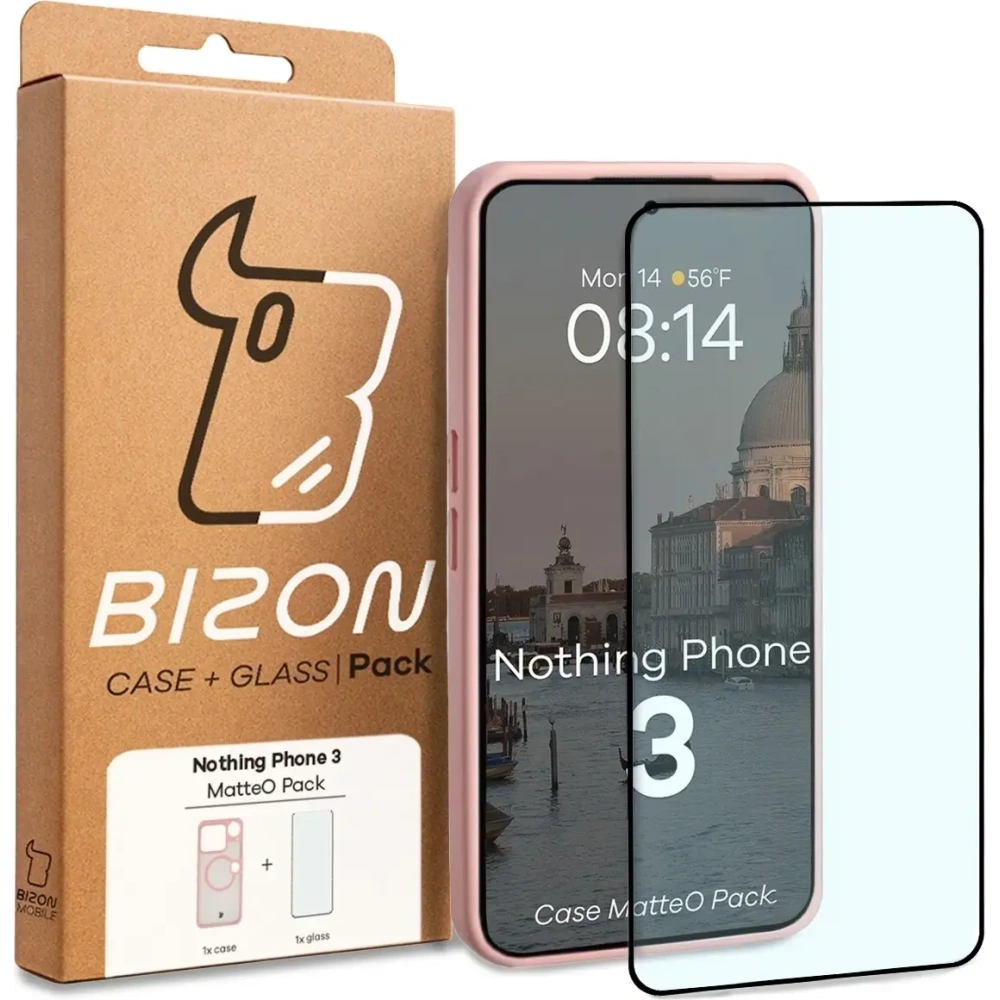 Etui z pierścieniem magnetycznym + szkło hartowane Bizon MatteO Pack do Nothing Phone (3), przydymione-jasnoróżowe