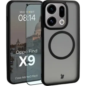Etui z pierścieniem magnetycznym + szkło hartowane Bizon MatteO Pack do Oppo Find X9, przydymione-czarne