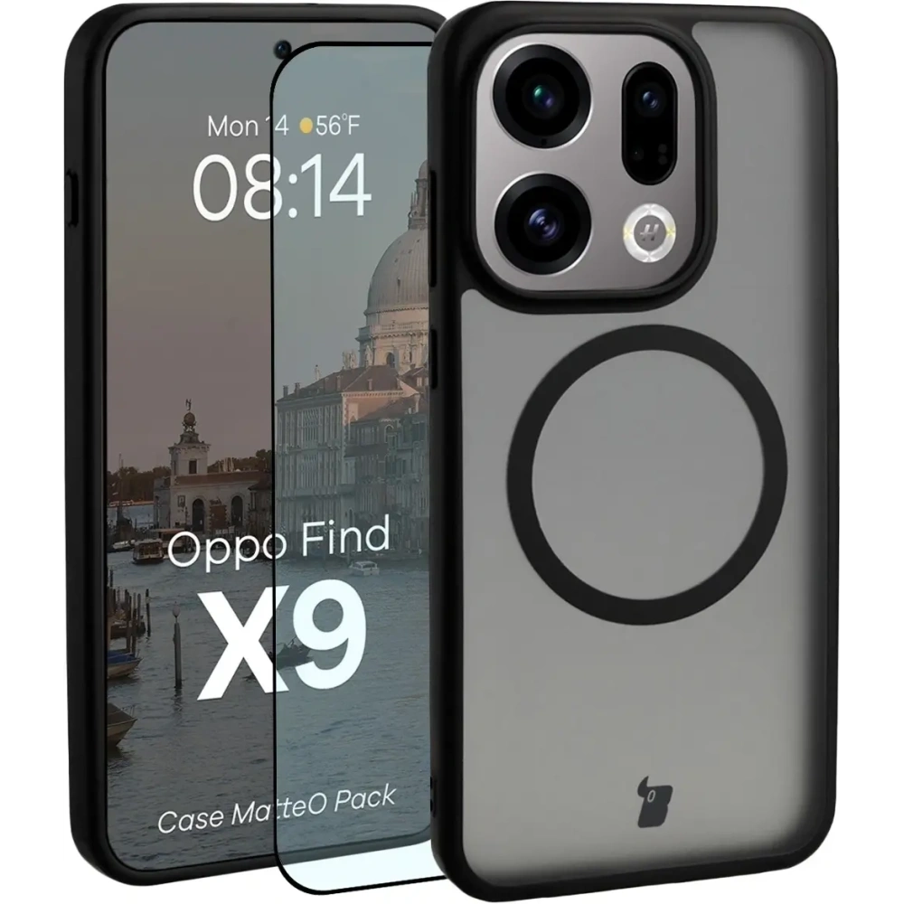 Etui z pierścieniem magnetycznym + szkło hartowane Bizon MatteO Pack do Oppo Find X9, przydymione-czarne
