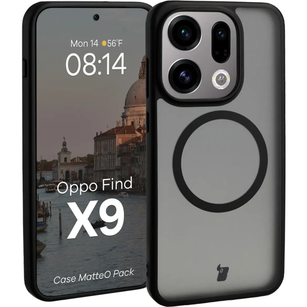 Etui z pierścieniem magnetycznym + szkło hartowane Bizon MatteO Pack do Oppo Find X9, przydymione-czarne