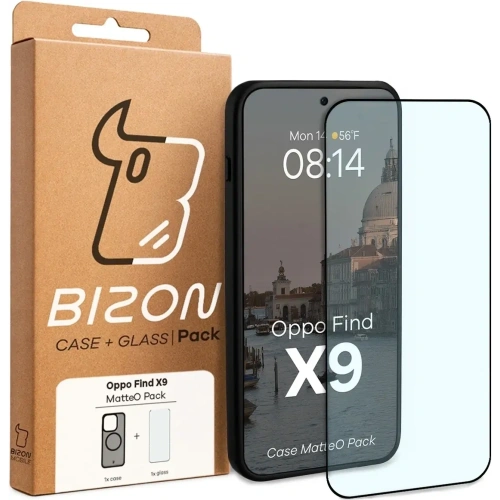 Etui z pierścieniem magnetycznym + szkło hartowane Bizon MatteO Pack do Oppo Find X9, przydymione-czarne