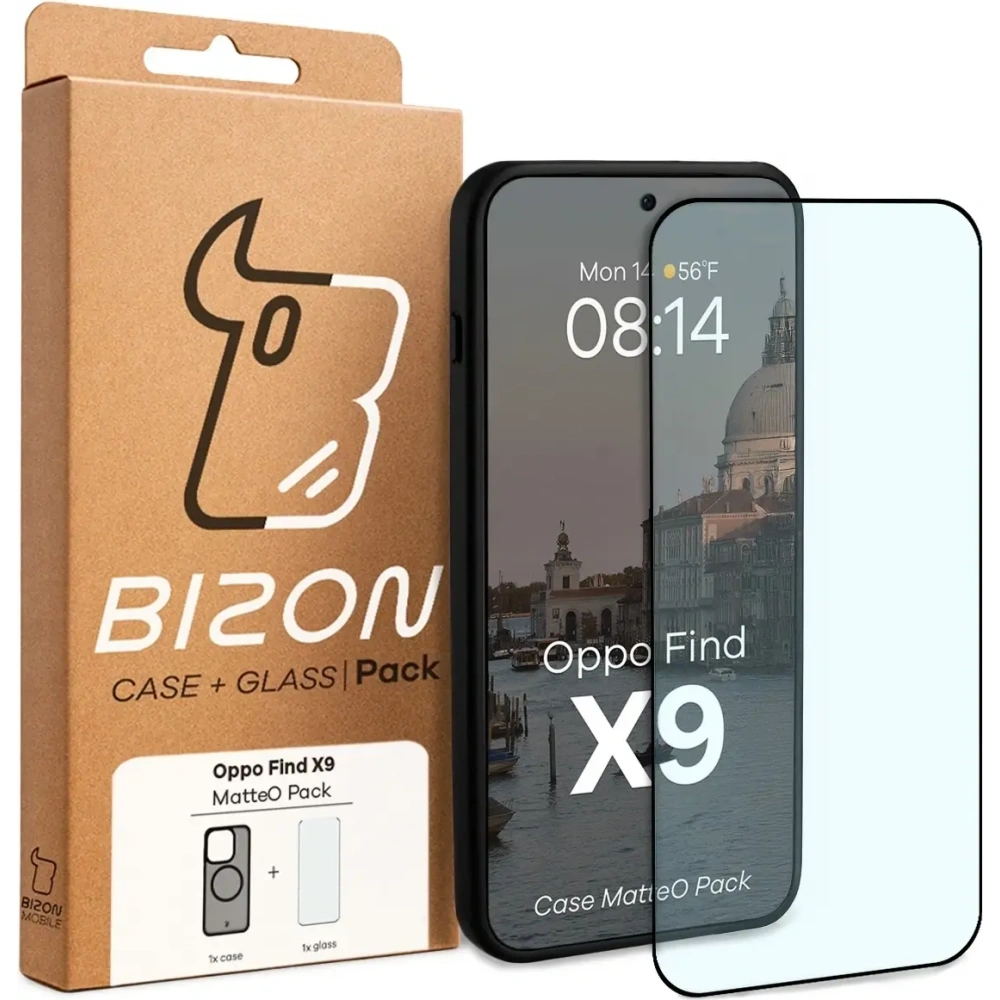 Etui z pierścieniem magnetycznym + szkło hartowane Bizon MatteO Pack do Oppo Find X9, przydymione-czarne