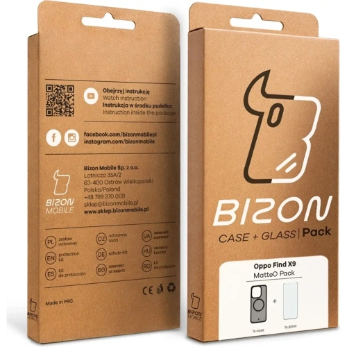 Etui z pierścieniem magnetycznym + szkło hartowane Bizon MatteO Pack do Oppo Find X9, przydymione-czarne